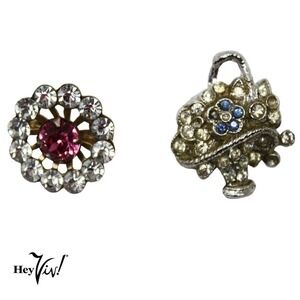 Two Vintage Scatter Pins Basket w Flowers and Round Rhinestone 5/8" - Hey Viv